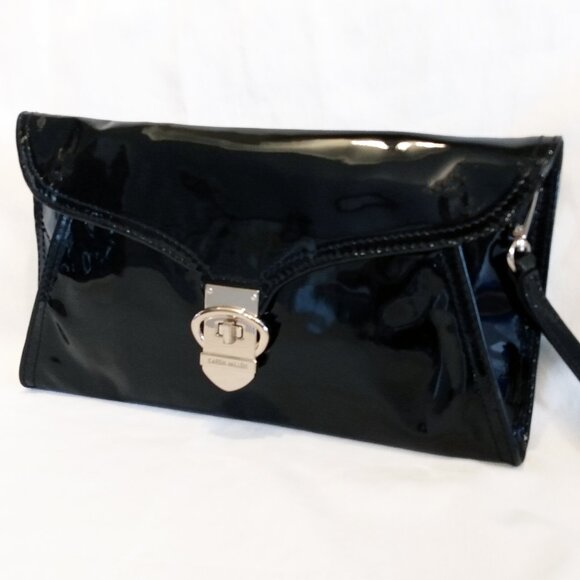 Karen Millen Black Patent Leather Clutch Bag-Leopard Print Interior & Hand Strap - Picture 3 of 14